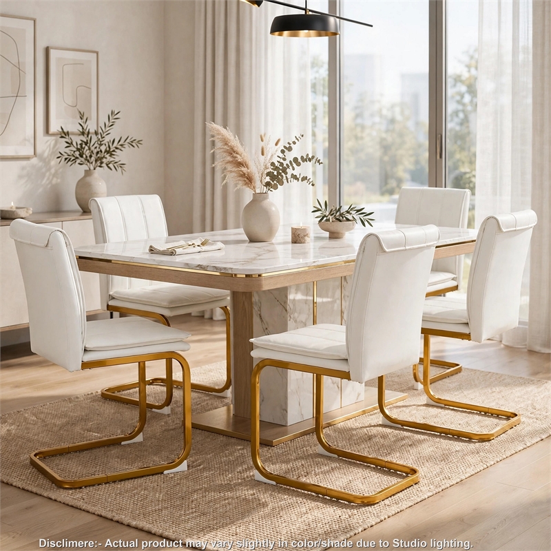 Xylo Dining Chairs- Gold Cantilever Metal- Set of 4- White Faux Leather