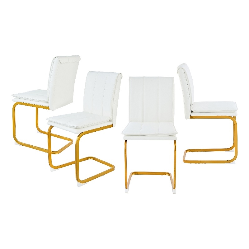 Xylo Dining Chairs- Gold Cantilever Metal- Set of 4- White Faux Leather