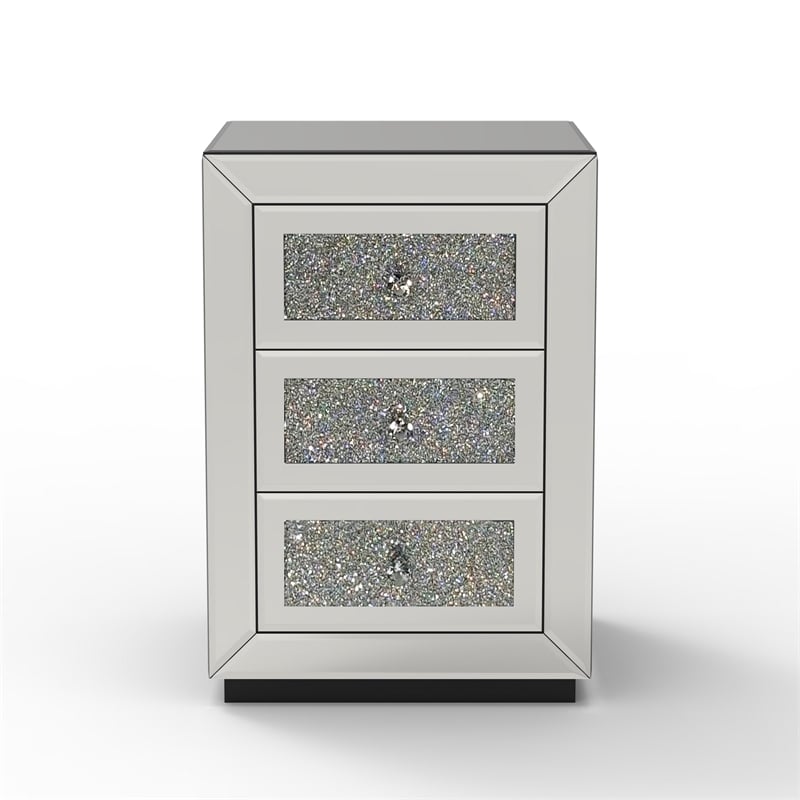 Lily Mirrored Nightstand- 3-Drawers- Glass Front Panels- Silver Wood