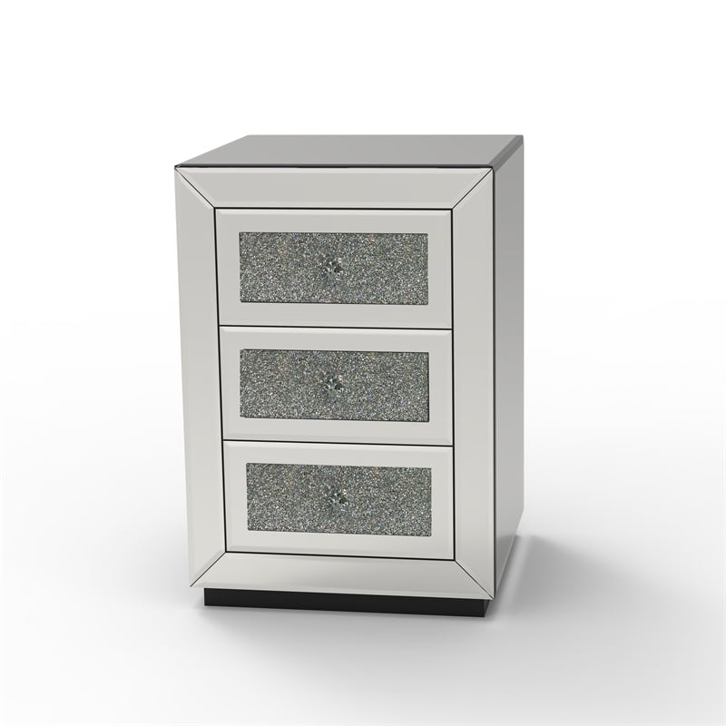 Lily Mirrored Nightstand- 3-Drawers- Glass Front Panels- Silver Wood