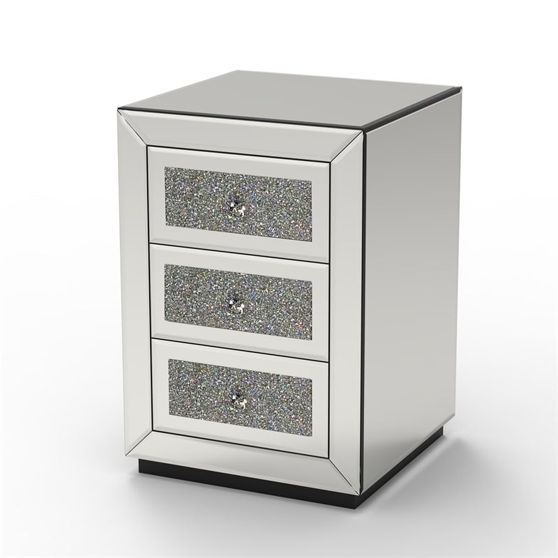 Lily Mirrored Nightstand- 3-Drawers- Glass Front Panels- Silver Wood
