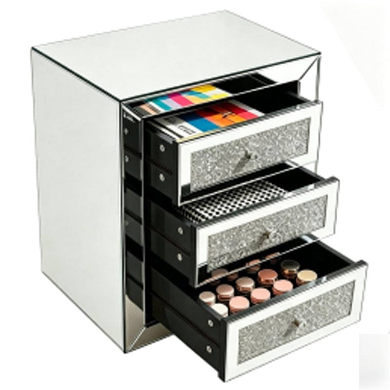 Lily Mirrored Nightstand- 3-Drawers- Glass Front Panels- Silver Wood