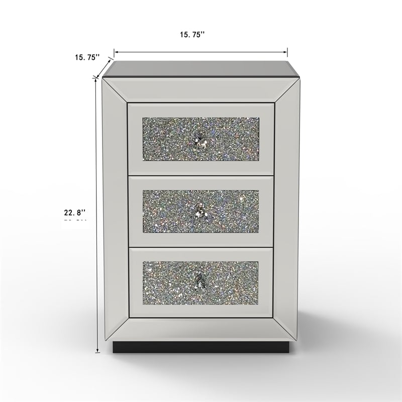 Lily Mirrored Nightstand- 3-Drawers- Glass Front Panels- Silver Wood