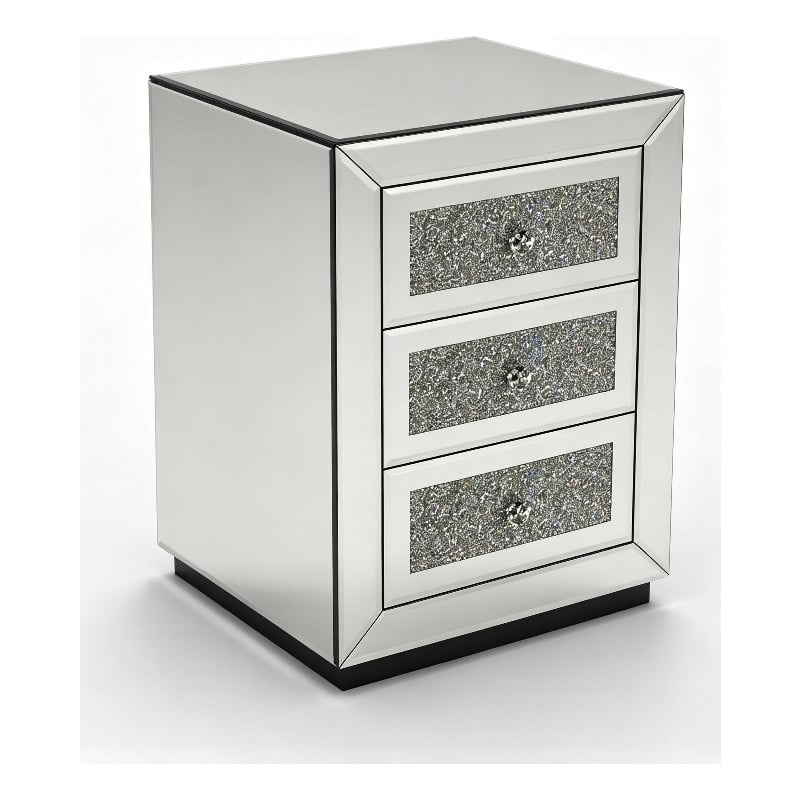 Lily Mirrored Nightstand- 3-Drawers- Glass Front Panels- Silver Wood