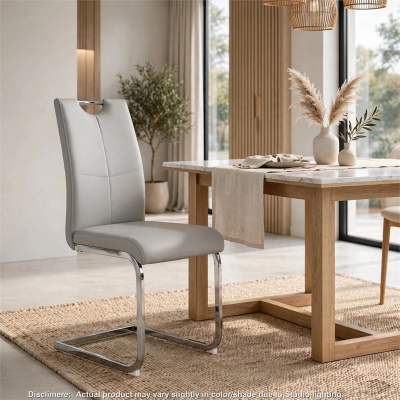 Waldy Dining Chairs- Chrome Metal Base- Set of 2- Gray Faux Leather