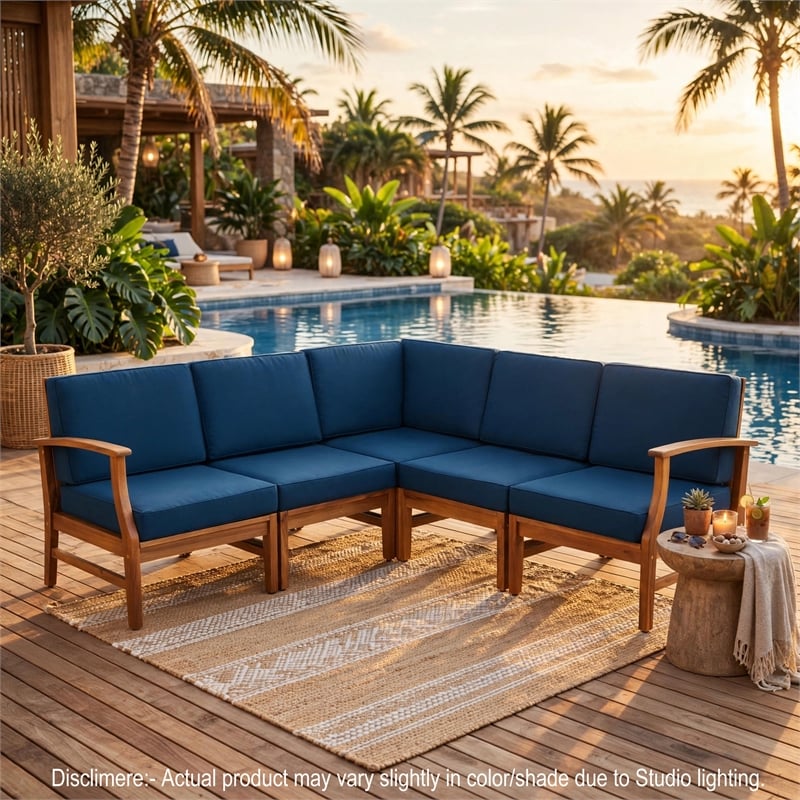 Hoye Outdoor 5pc Modular Corner Sofa Set- L-Shape- Blue Polyester- Brown