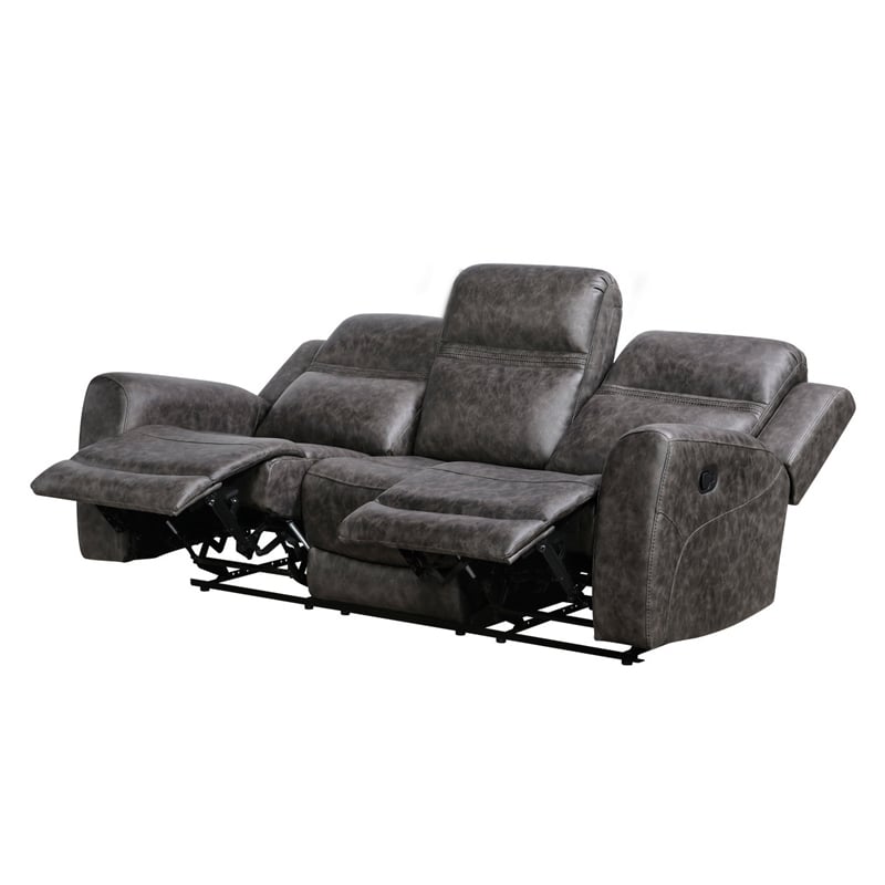 Berty Double Reclining Sofa- Tab Pull- Metal Frame- Gray Microfiber