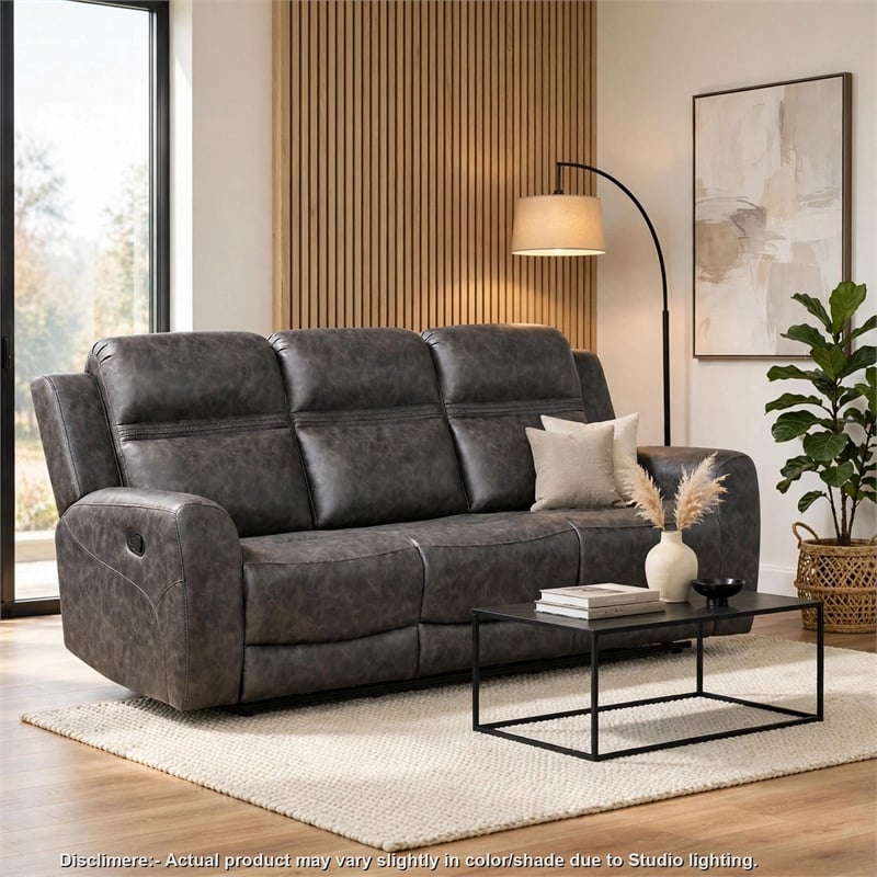 Berty Double Reclining Sofa- Tab Pull- Metal Frame- Gray Microfiber
