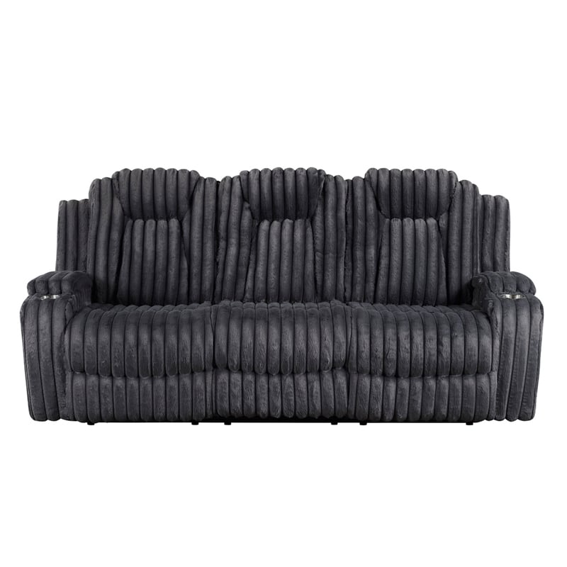 Phil Reclining Sofa with Tab Pull- Cup Holders- Dark Gray Corduroy
