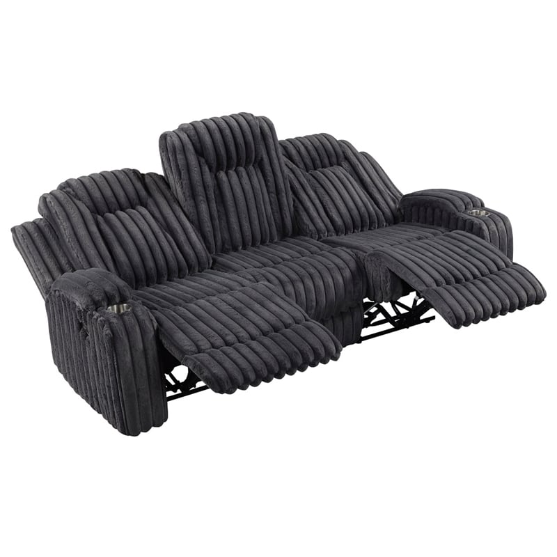 Phil Reclining Sofa with Tab Pull- Cup Holders- Dark Gray Corduroy