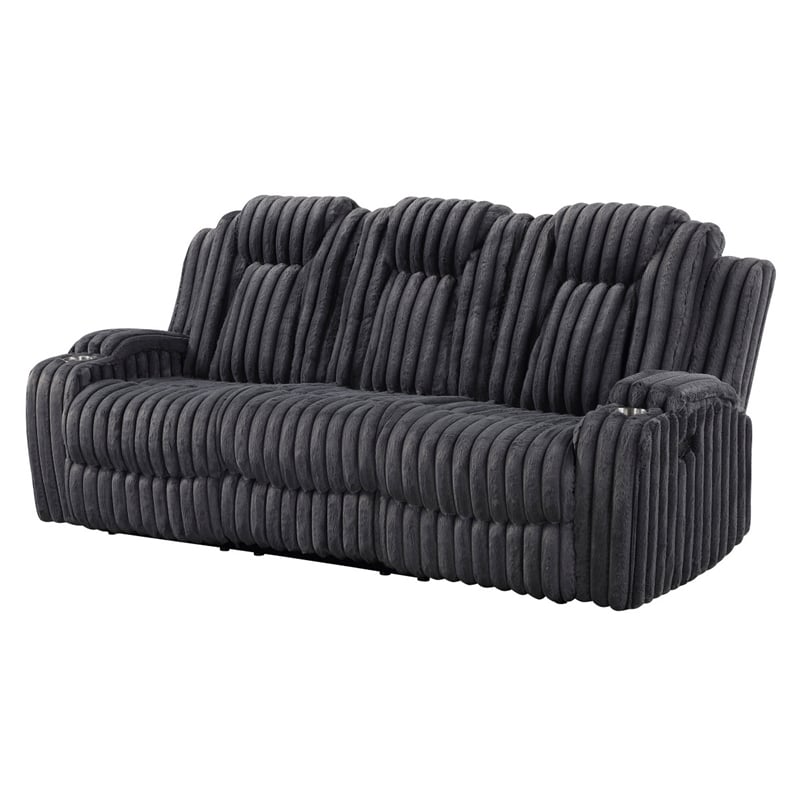 Phil Reclining Sofa with Tab Pull- Cup Holders- Dark Gray Corduroy