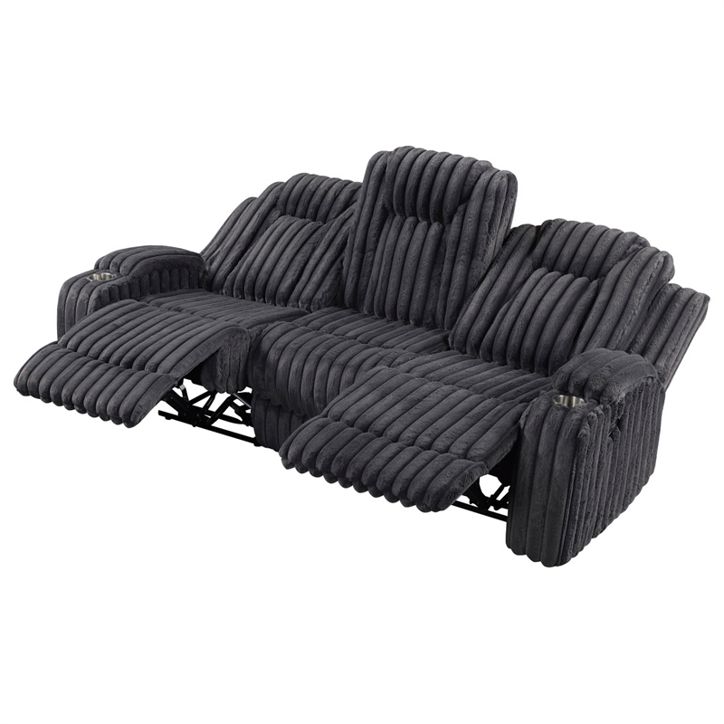 Phil Reclining Sofa with Tab Pull- Cup Holders- Dark Gray Corduroy