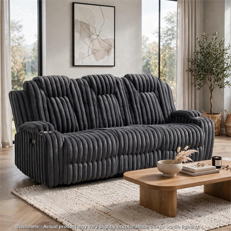 Phil Reclining Sofa with Tab Pull- Cup Holders- Dark Gray Corduroy