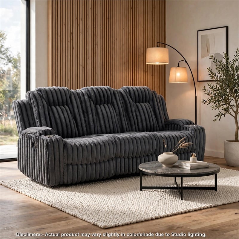 Phil Reclining Sofa with Tab Pull- Cup Holders- Dark Gray Corduroy