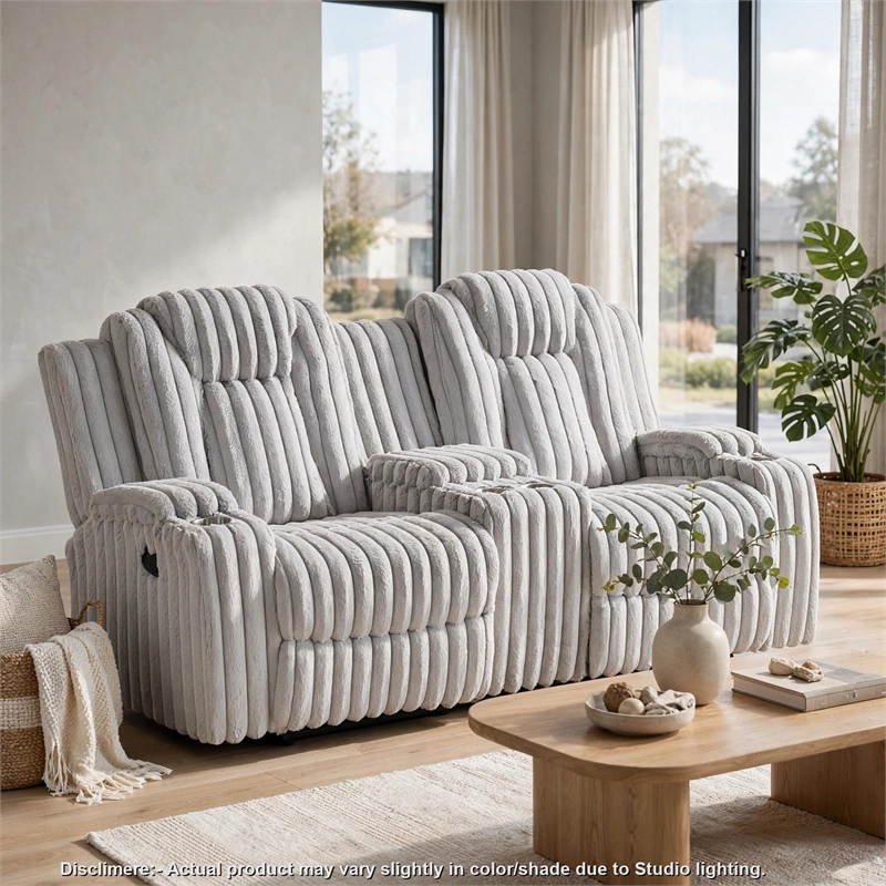 Phil Reclining Loveseat- Console and Cup Holders- Light Gray Corduroy