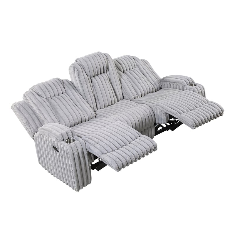 Phil Reclining Sofa with Tab Pull- Cup Holders- Light Gray Corduroy