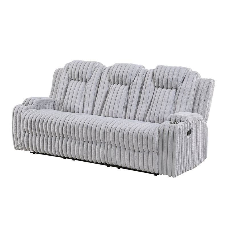 Phil Reclining Sofa with Tab Pull- Cup Holders- Light Gray Corduroy