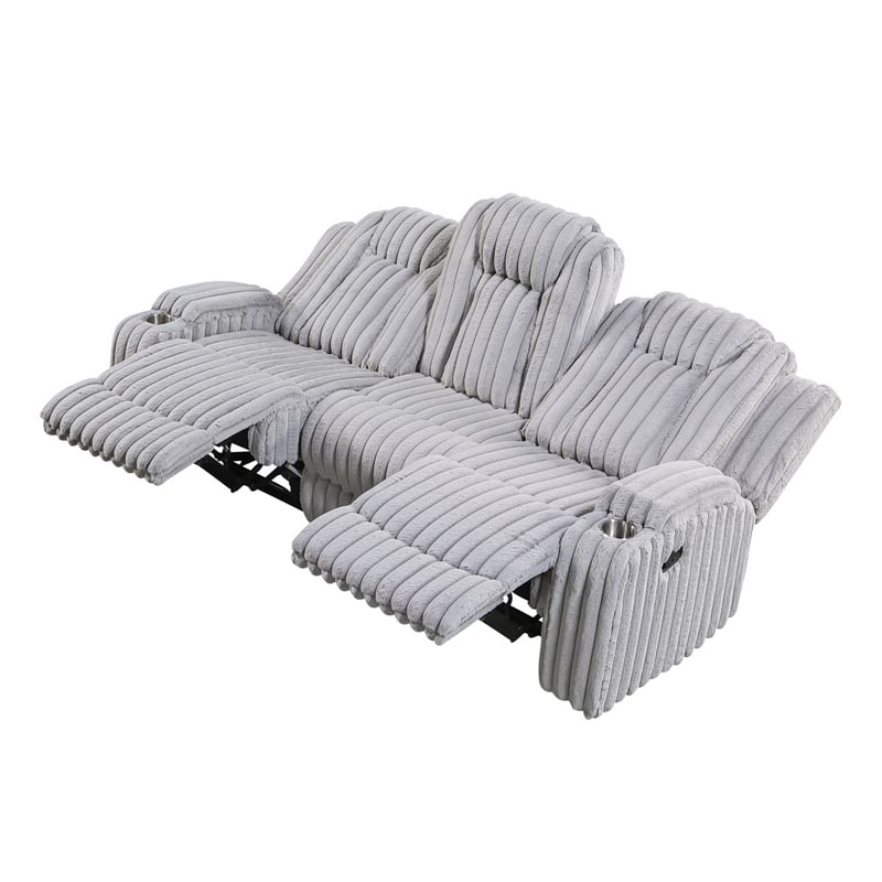 Phil Reclining Sofa with Tab Pull- Cup Holders- Light Gray Corduroy