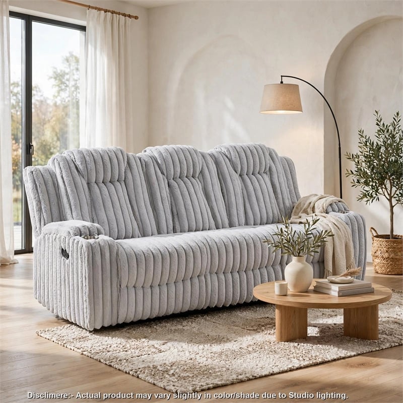 Phil Reclining Sofa with Tab Pull- Cup Holders- Light Gray Corduroy