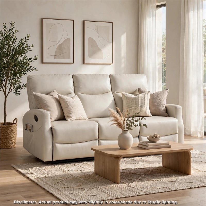 Henly Double Reclining Sofa with Magazine Pockets- Beige Faux Leather