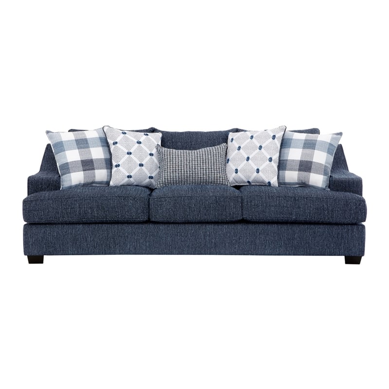 Marie Sofa with Reversible Cushions- Plaid Pillows- Blue Chenille