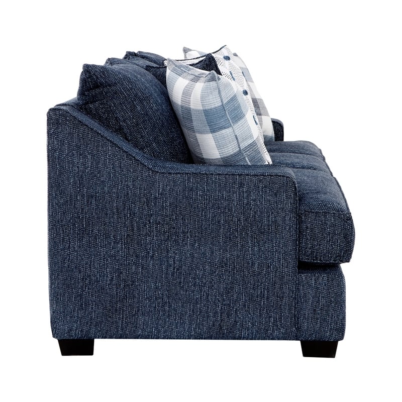 Marie Sofa with Reversible Cushions- Plaid Pillows- Blue Chenille