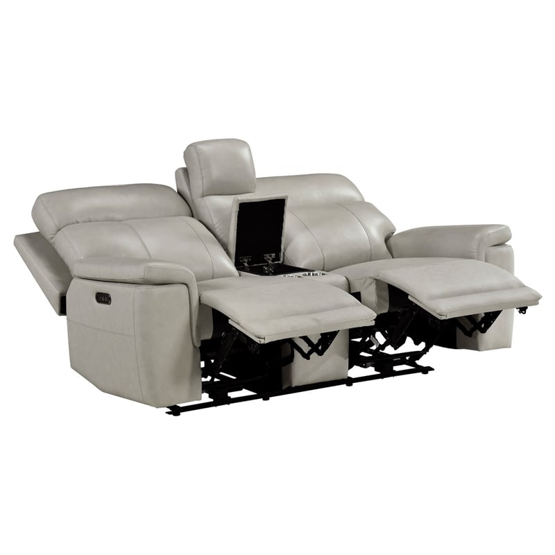 Zelda Power Reclining Loveseat- Console and Headrests- Gray Genuine Leather