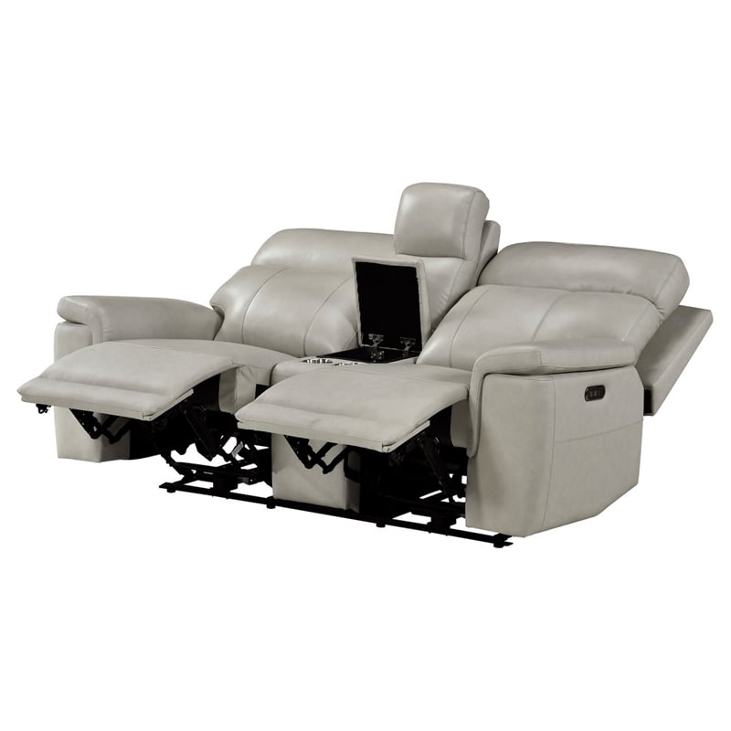 Zelda Power Reclining Loveseat- Console and Headrests- Gray Genuine Leather