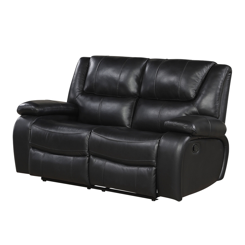 Licot Double Manual Reclining Loveseat- Foam Fill Black Top Grain Leather