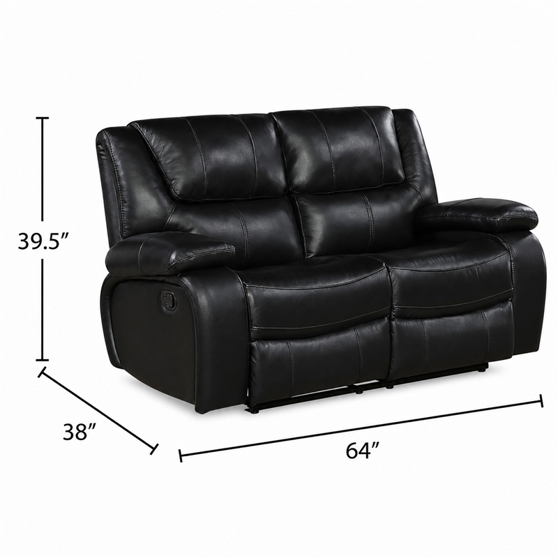 Licot Double Manual Reclining Loveseat- Foam Fill Black Top Grain Leather