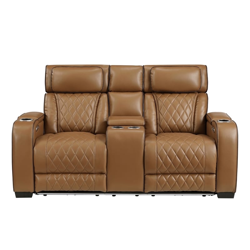 Fiya Power Double Reclining LED Loveseat- USB Ports- Brown Faux Leather