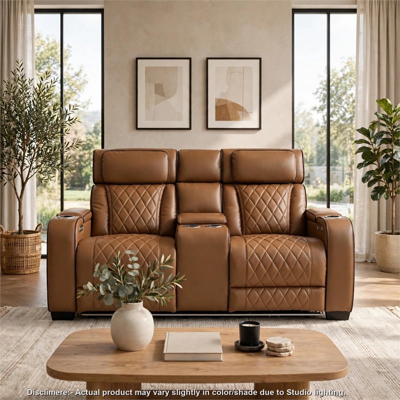 Fiya Power Double Reclining LED Loveseat- USB Ports- Brown Faux Leather