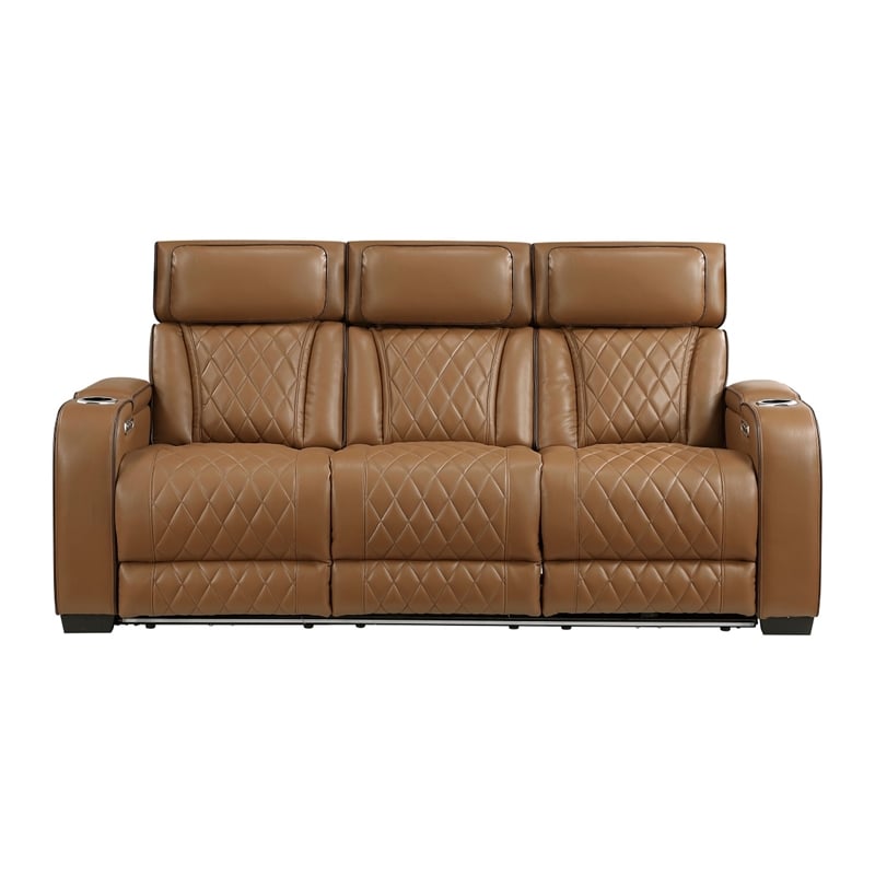 Fiya Power Double Reclining LED Sofa- USB Ports- Brown Faux Leather