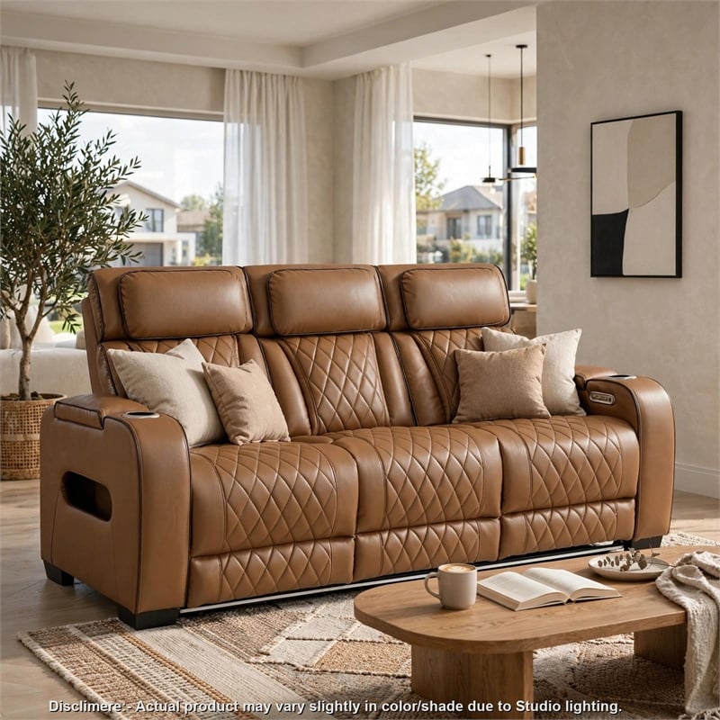 Fiya Power Double Reclining LED Sofa- USB Ports- Brown Faux Leather
