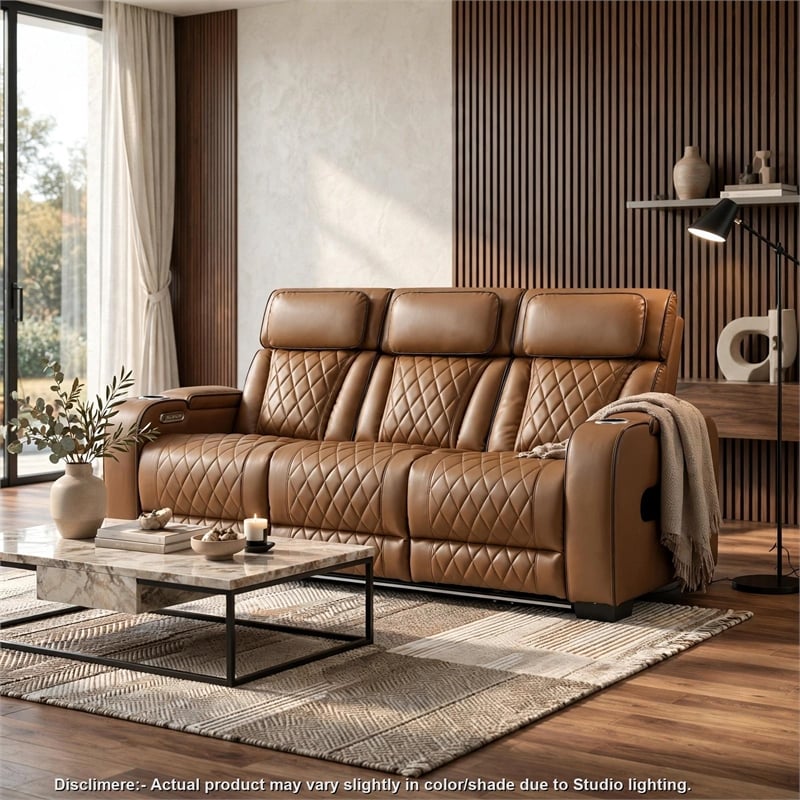 Fiya Power Double Reclining LED Sofa- USB Ports- Brown Faux Leather