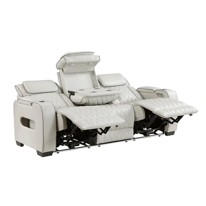 Fiya Power Double Reclining LED Sofa- USB Ports- Taupe Faux Leather