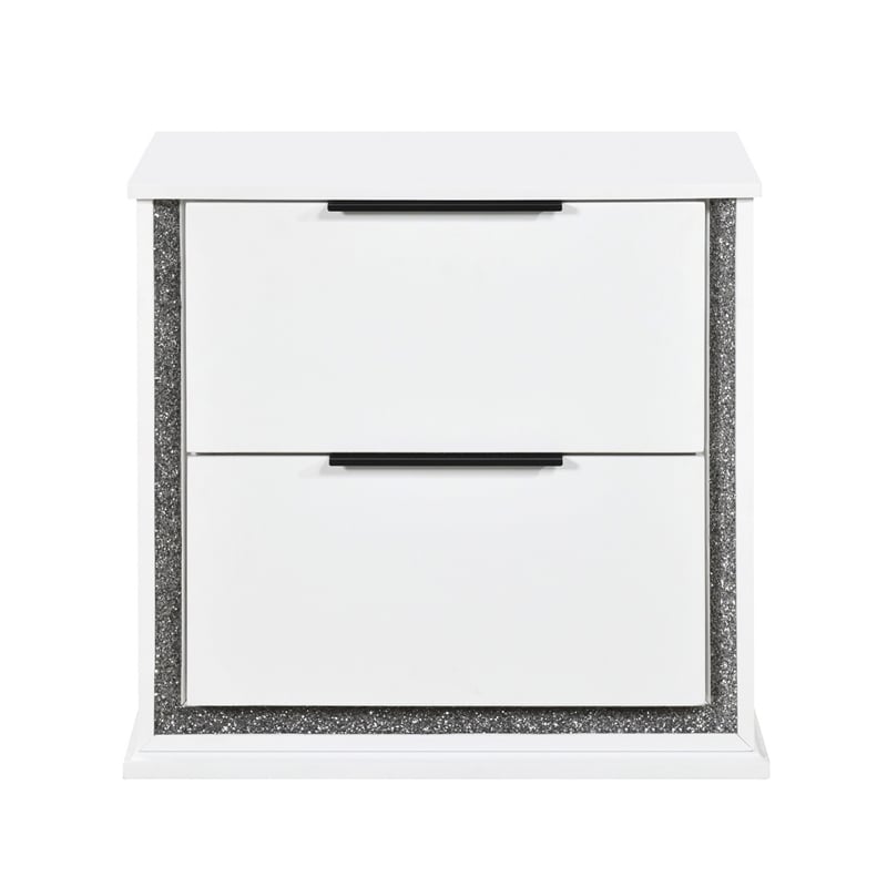 Luma Nightstand w LED- 2 Drawers- Metallic Silver-Gray Trim- White Wood