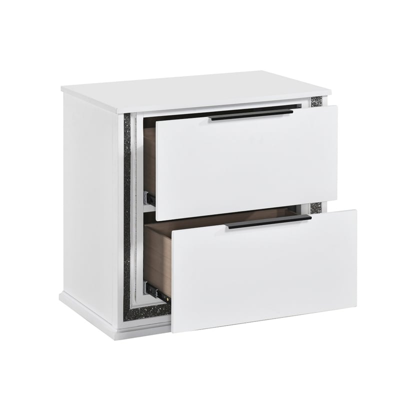 Luma Nightstand w LED- 2 Drawers- Metallic Silver-Gray Trim- White Wood