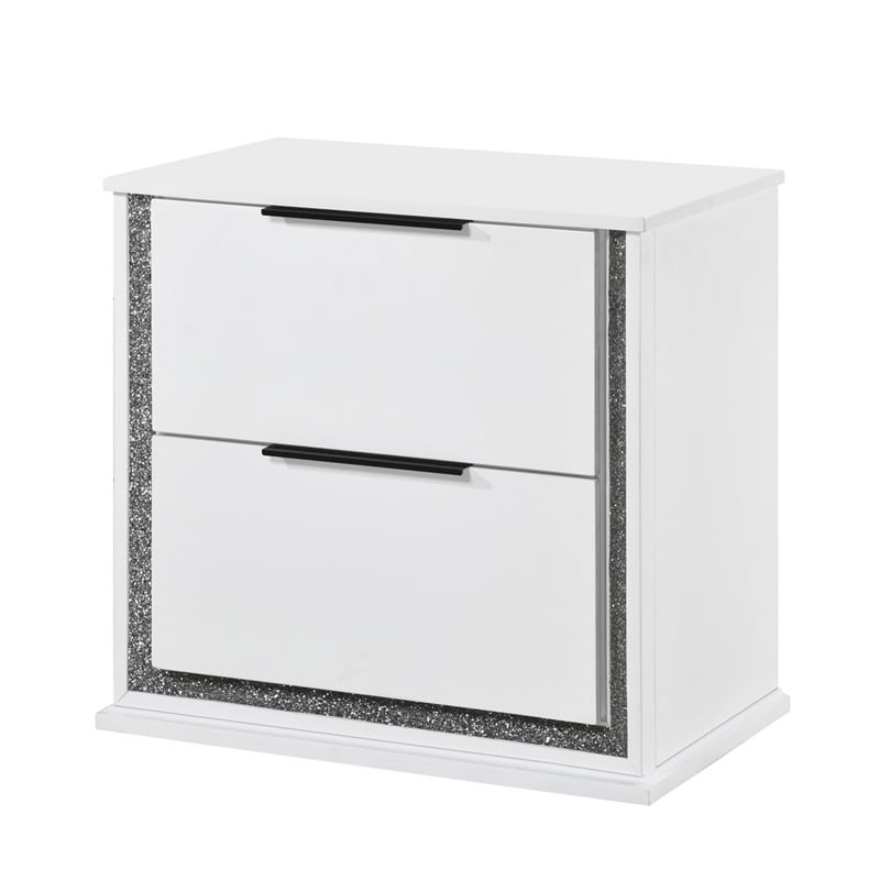 Luma Nightstand w LED- 2 Drawers- Metallic Silver-Gray Trim- White Wood