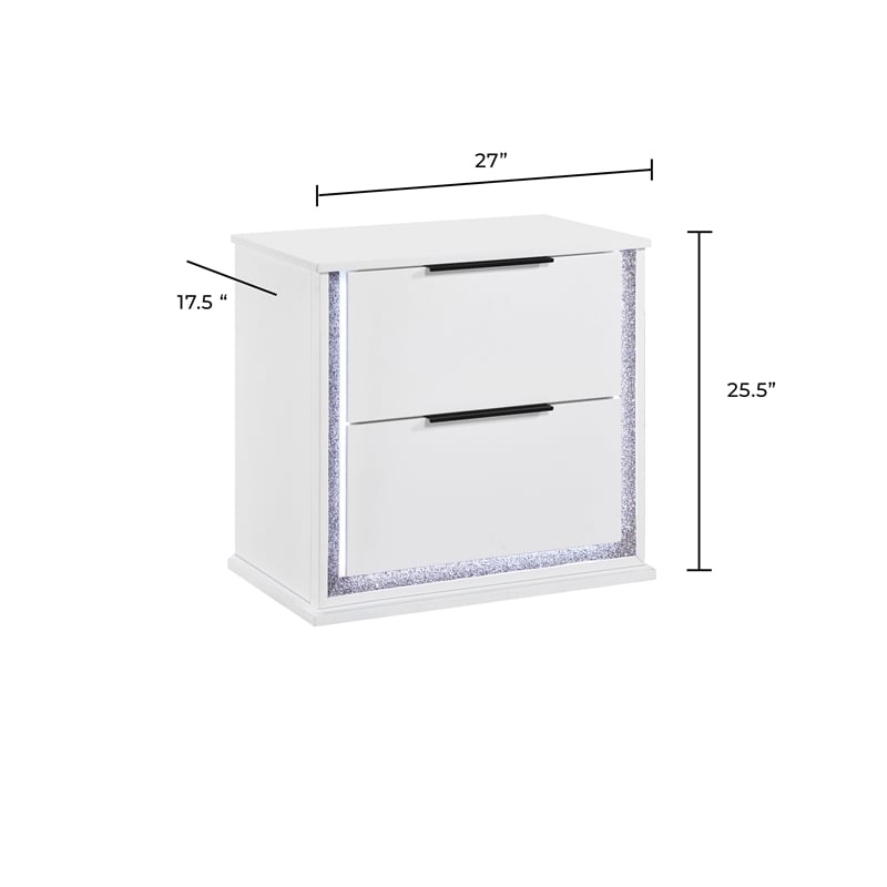 Luma Nightstand w LED- 2 Drawers- Metallic Silver-Gray Trim- White Wood