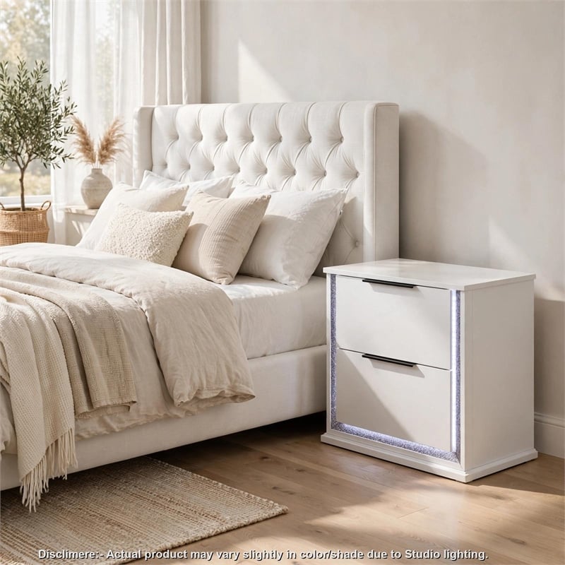 Luma Nightstand w LED- 2 Drawers- Metallic Silver-Gray Trim- White Wood