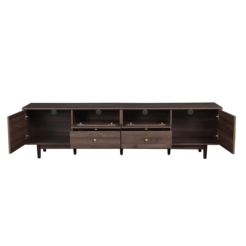 TV Media Cabinet- 4 Doors- 2 Drawers- Rattan Accents- Dark Brown 77 Inch