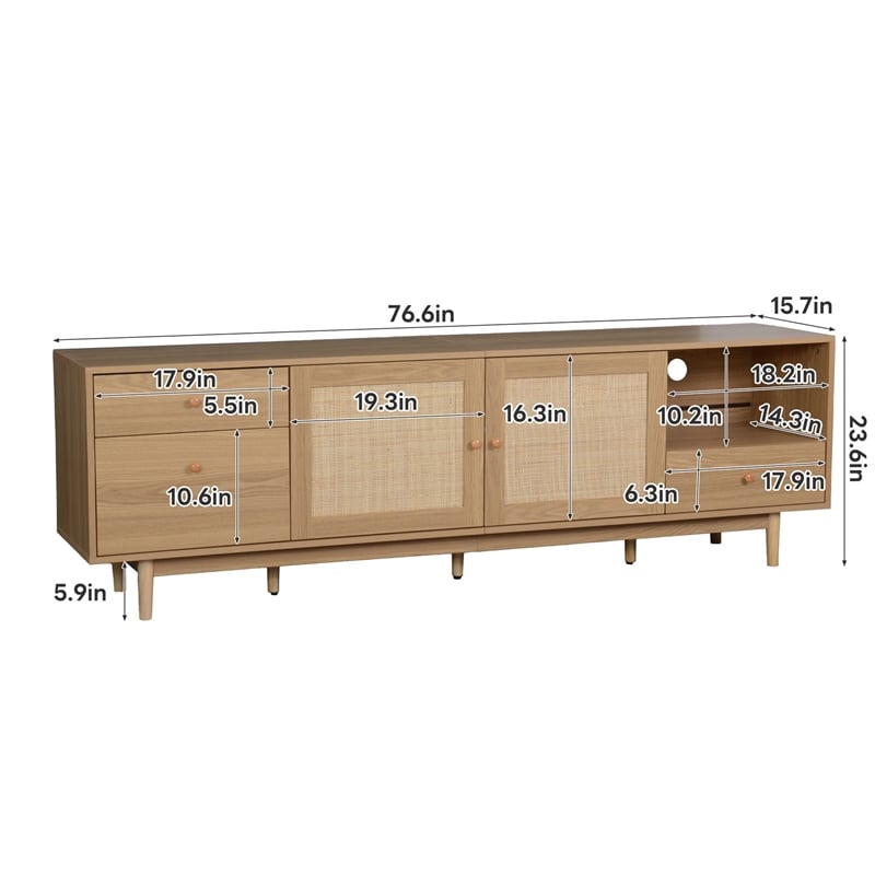 TV Media Cabinet- 2 Rattan Doors- 3 Drawers- 1 Shelf- Natural Brown 77 Inch