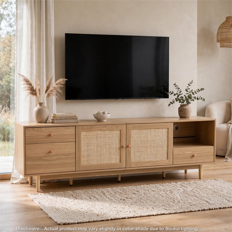 TV Media Cabinet- 2 Rattan Doors- 3 Drawers- 1 Shelf- Natural Brown 77 Inch