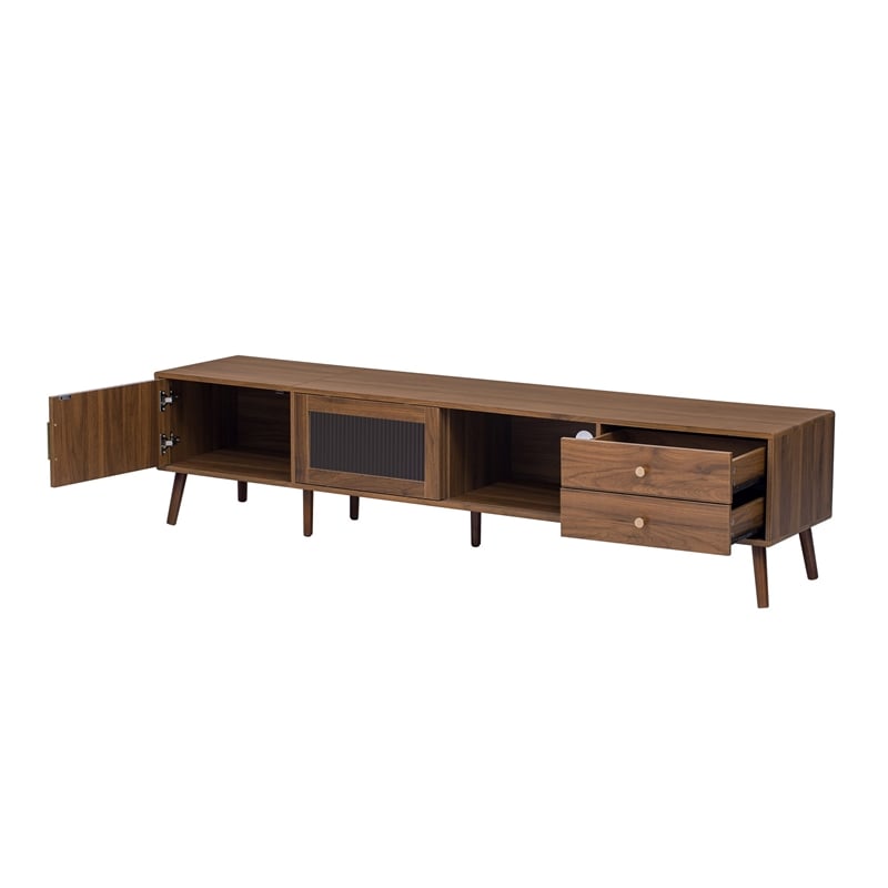 TV Media Cabinet- Glass Sliding Doors- 2 Drawers- Natural Brown- 77 Inch