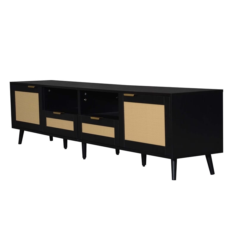 Yumi TV Media Cabinet- 2 Rattan Doors w Drawers- 2 Shelves- Black 79 Inch