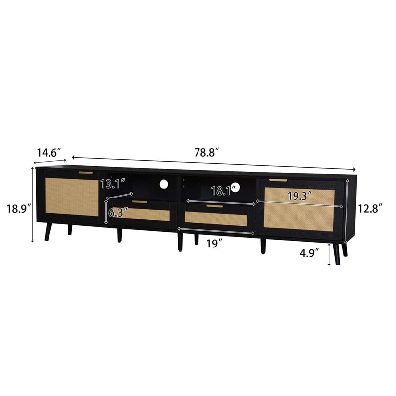 Yumi TV Media Cabinet- 2 Rattan Doors w Drawers- 2 Shelves- Black 79 Inch