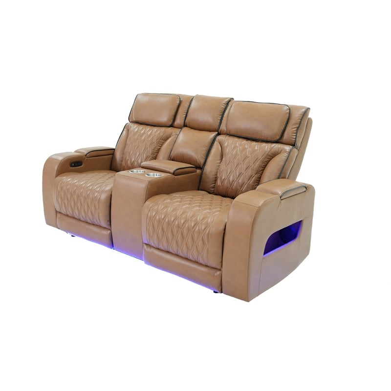 Jasi Power Recliner Loveseat- Bluetooth- USB Ports- Brown Faux-Leather
