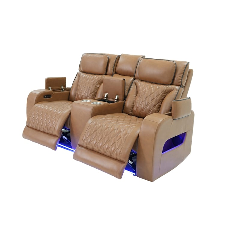 Jasi Power Recliner Loveseat- Bluetooth- USB Ports- Brown Faux-Leather