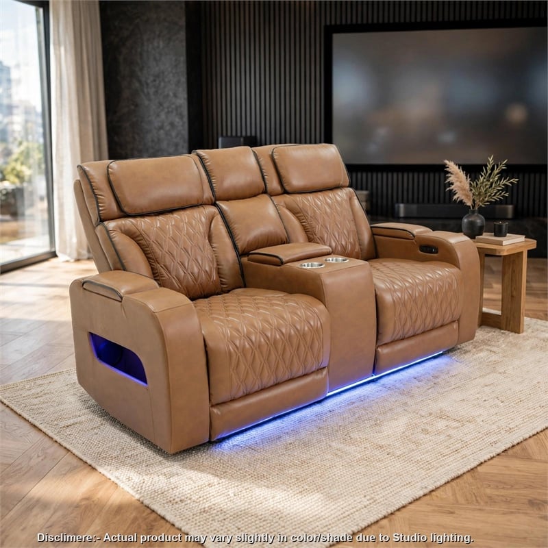 Jasi Power Recliner Loveseat- Bluetooth- USB Ports- Brown Faux-Leather